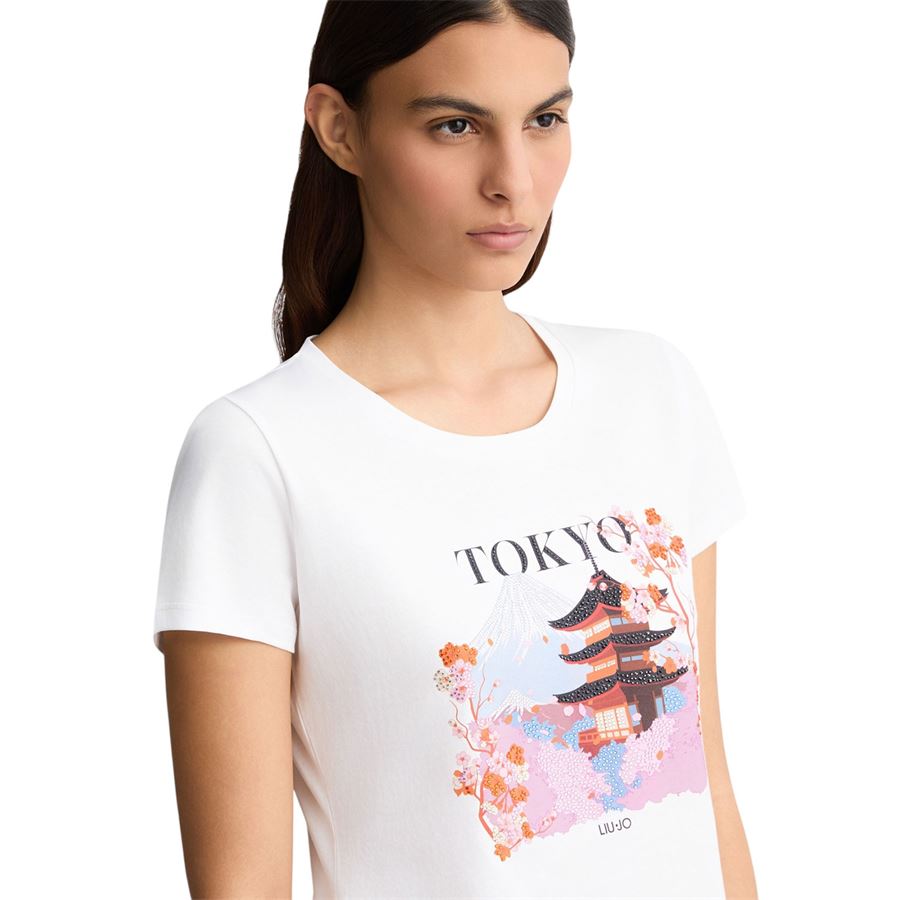 T-shirt in cotone con stampa e strass Liu Jo | WA5239JS923M9567